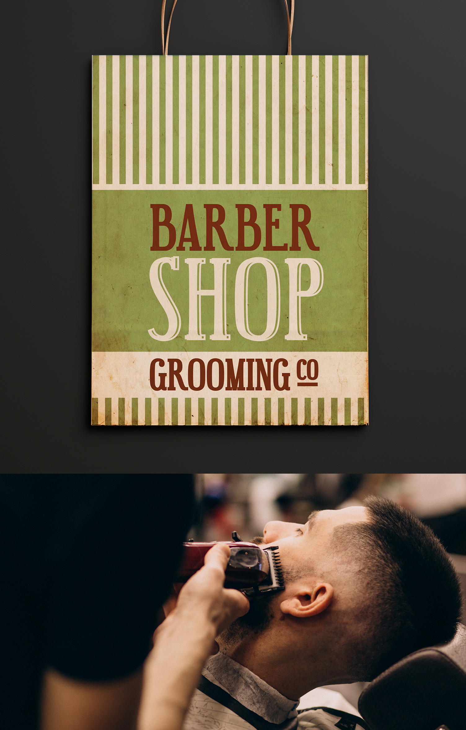 O logotipo de uma barbearia com a foto de um homem de smoking