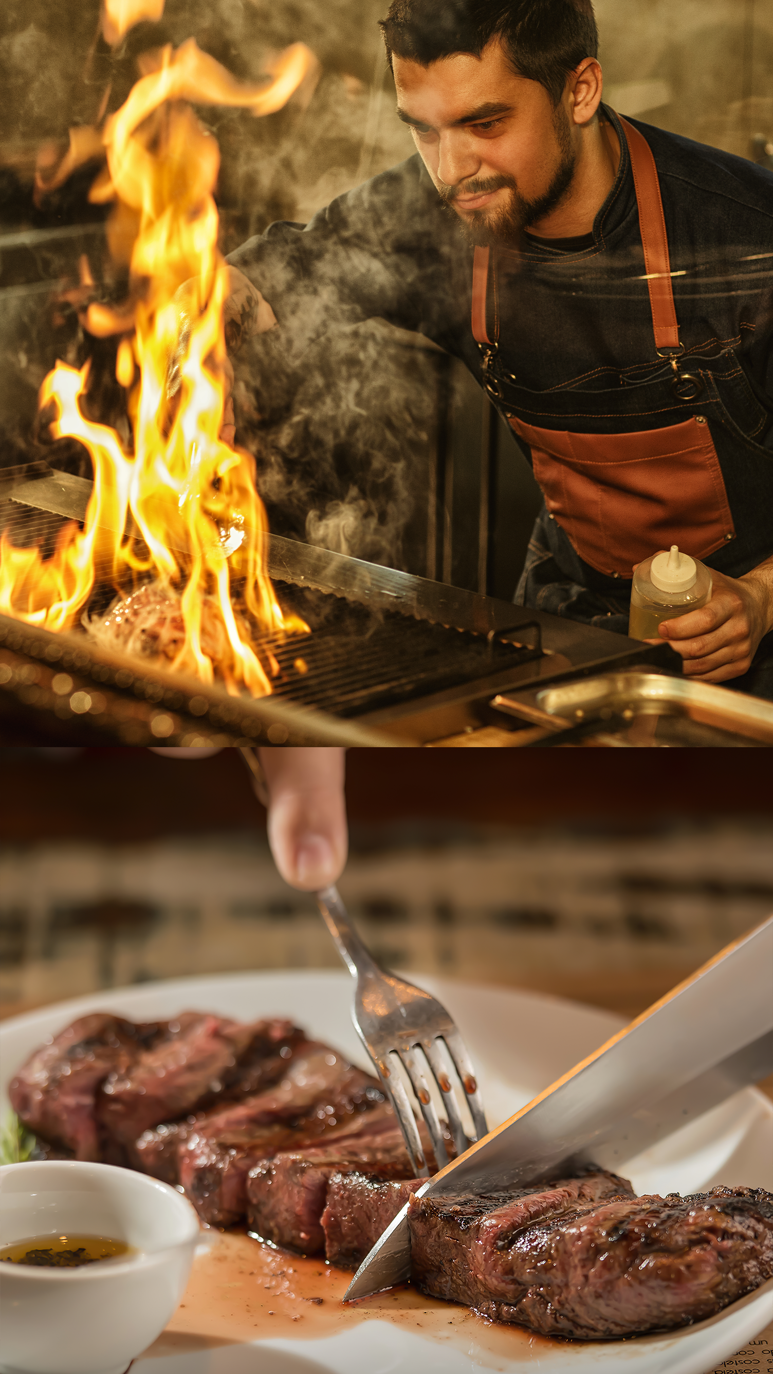 Um homem está cozinhando um bife na grelha ao lado de um prato de bife.