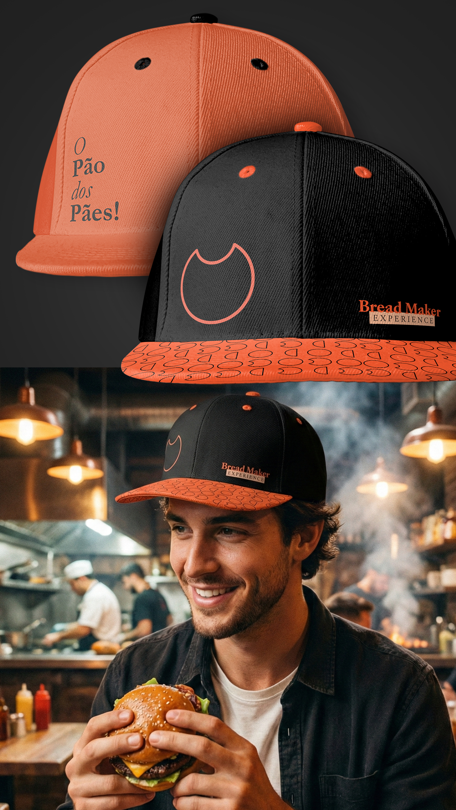 Um homem está segurando um hambúrguer na frente de uma multidão de pessoas.