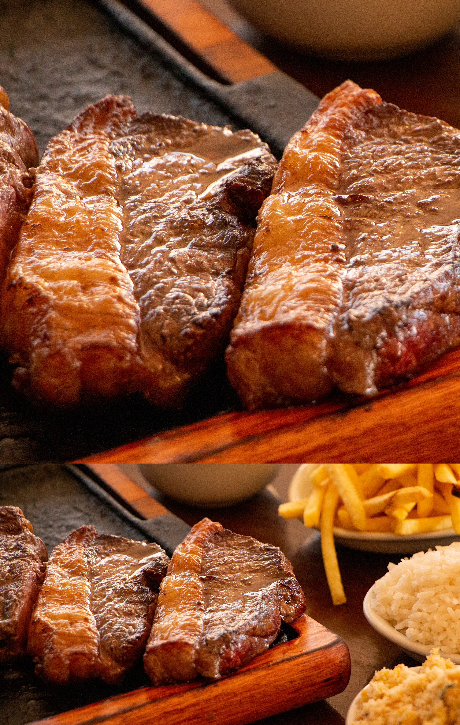 Um close de um bife em uma tábua de corte de madeira sobre uma mesa.