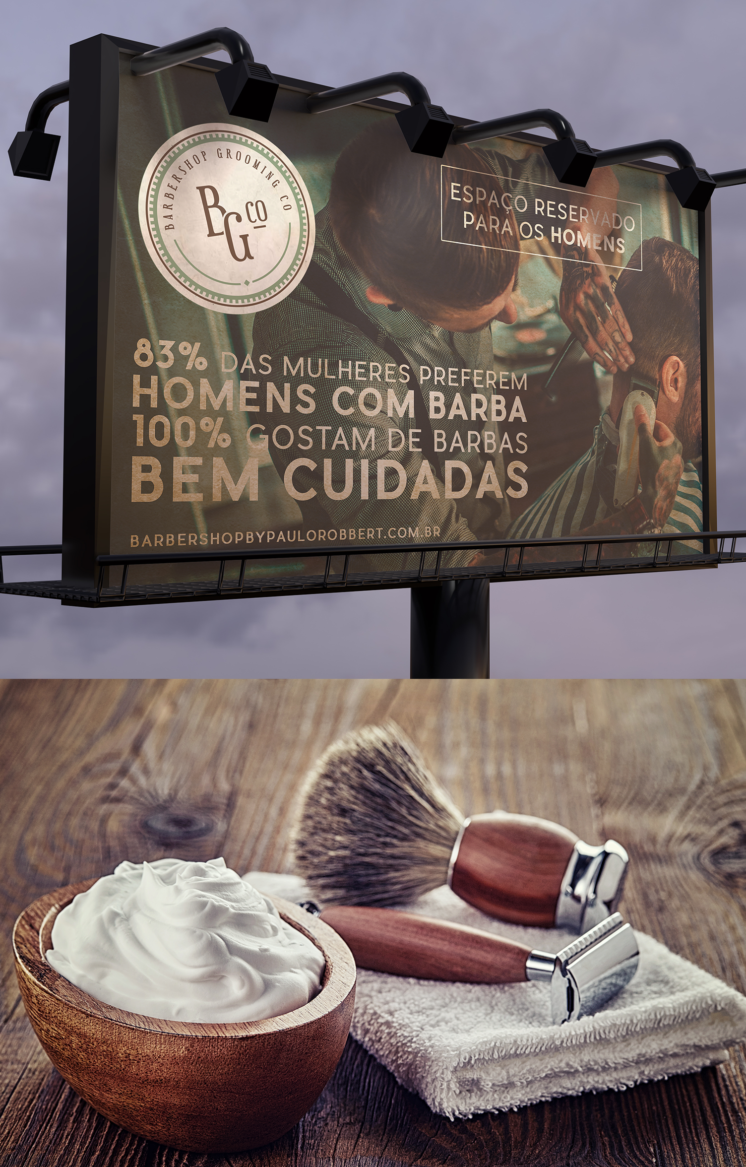 O logotipo de uma barbearia com a foto de um homem de smoking