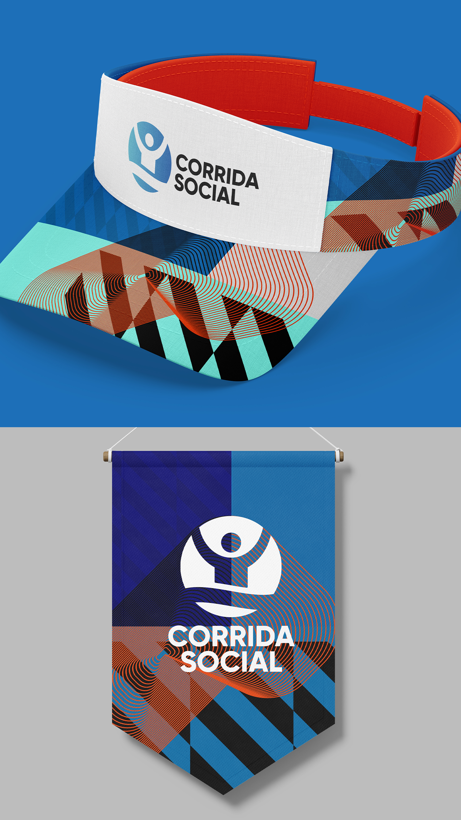 Uma viseira e um banner para corrida social em um fundo azul.