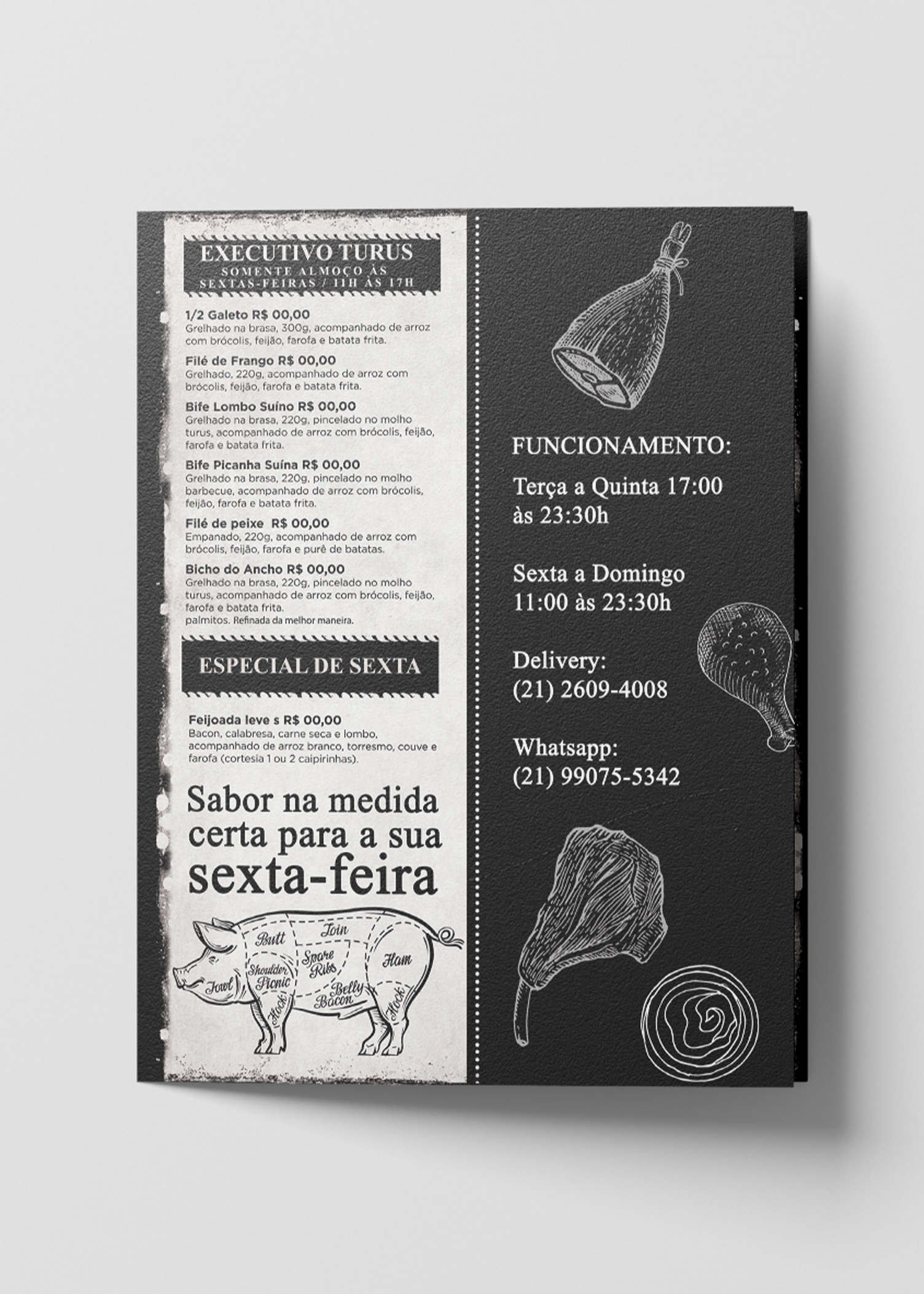 Um menu em preto e branco com a imagem de um porco.