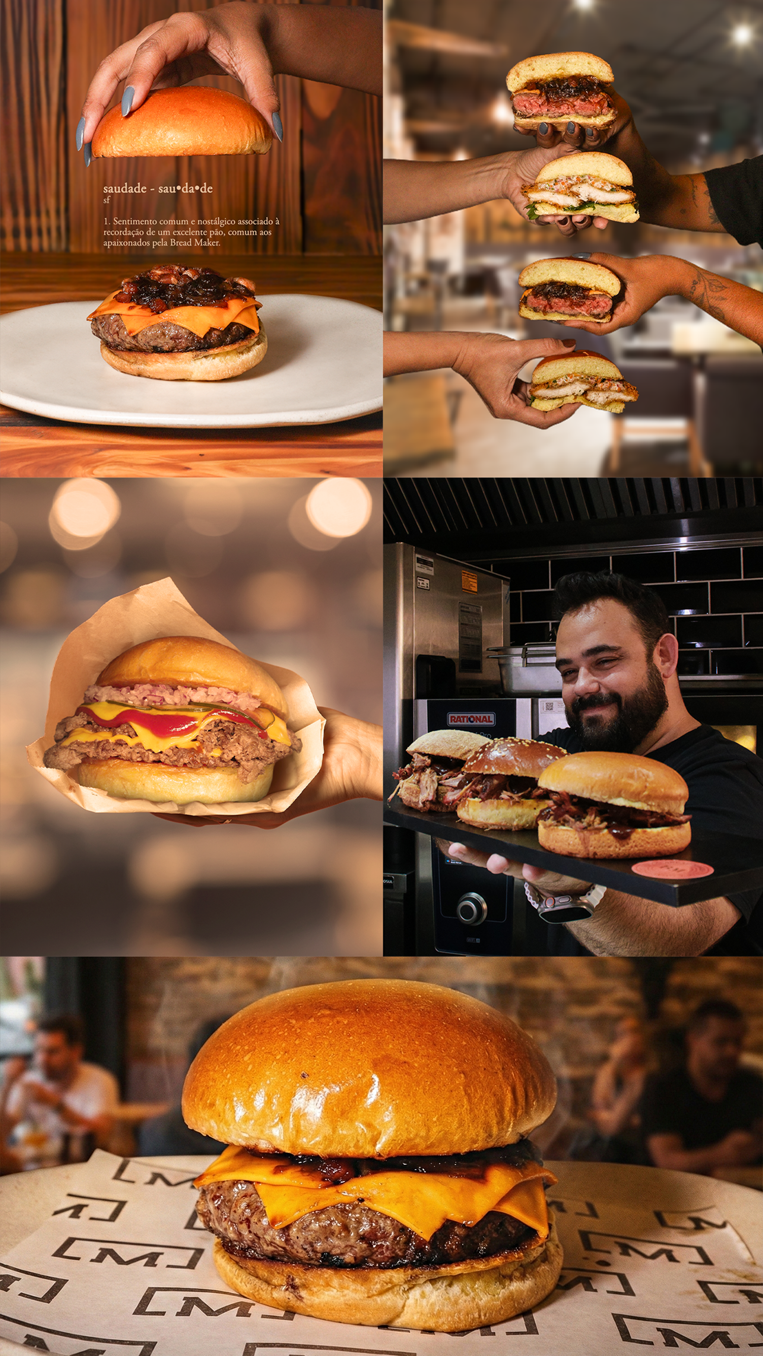 Um homem está segurando um hambúrguer na frente de uma multidão de pessoas.