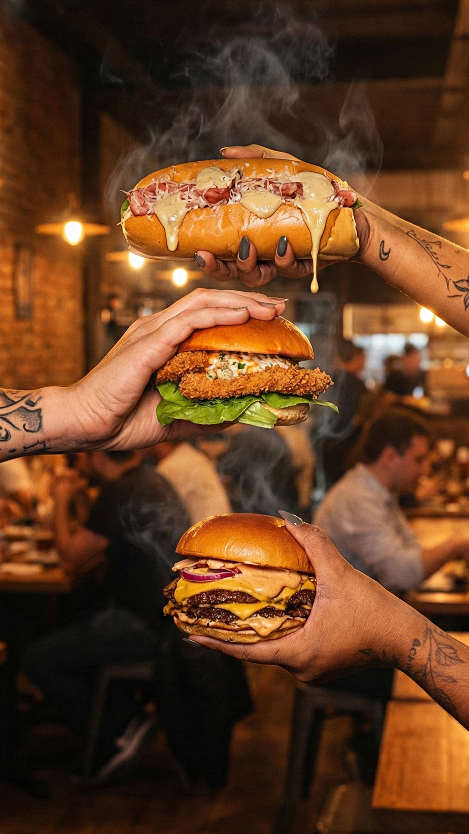 Um homem está segurando um hambúrguer na frente de uma multidão de pessoas.