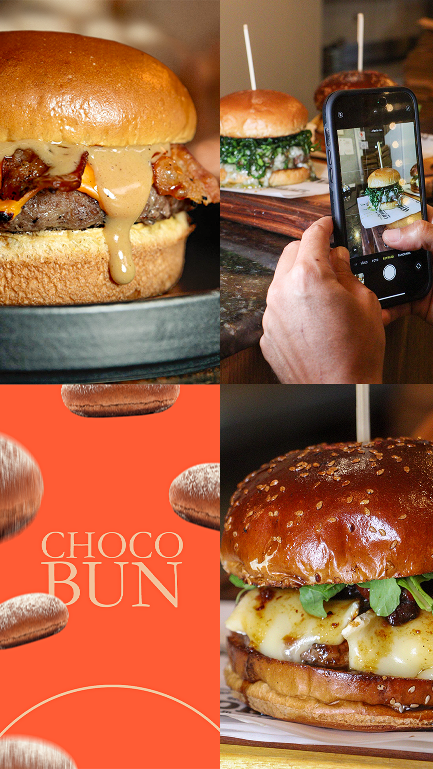 Um homem está segurando um hambúrguer na frente de uma multidão de pessoas.