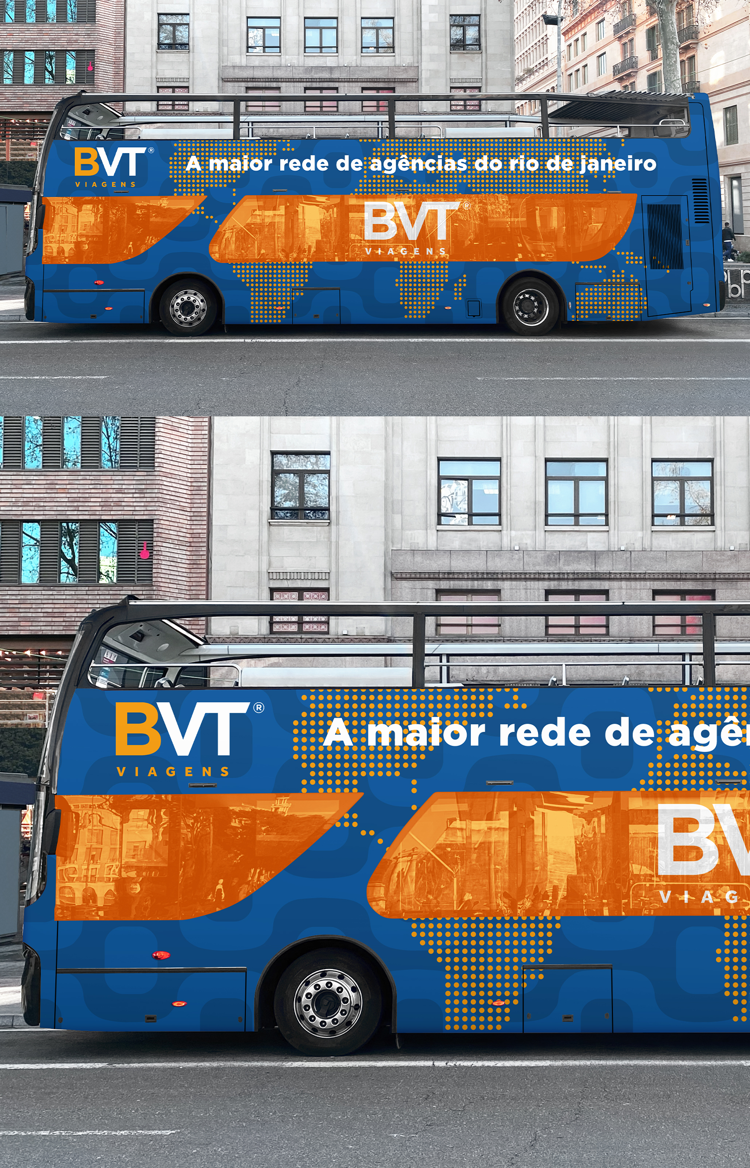 Um ônibus de dois andares azul e laranja com bvt escrito na lateral