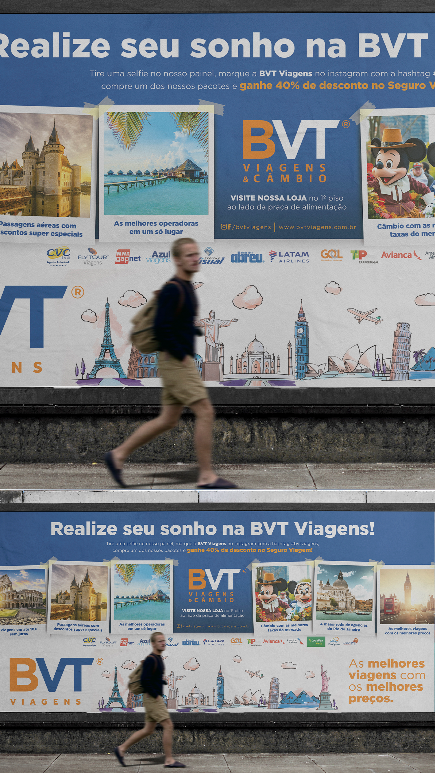 Um homem está passando por um outdoor da bvt