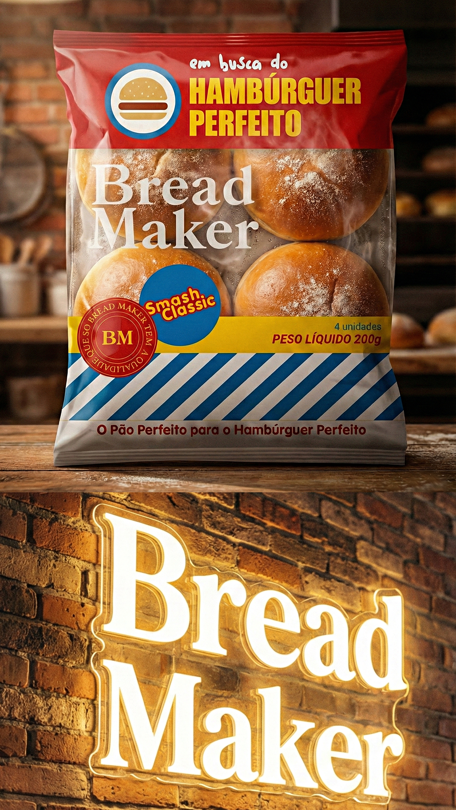 Um homem está segurando um hambúrguer na frente de uma multidão de pessoas.