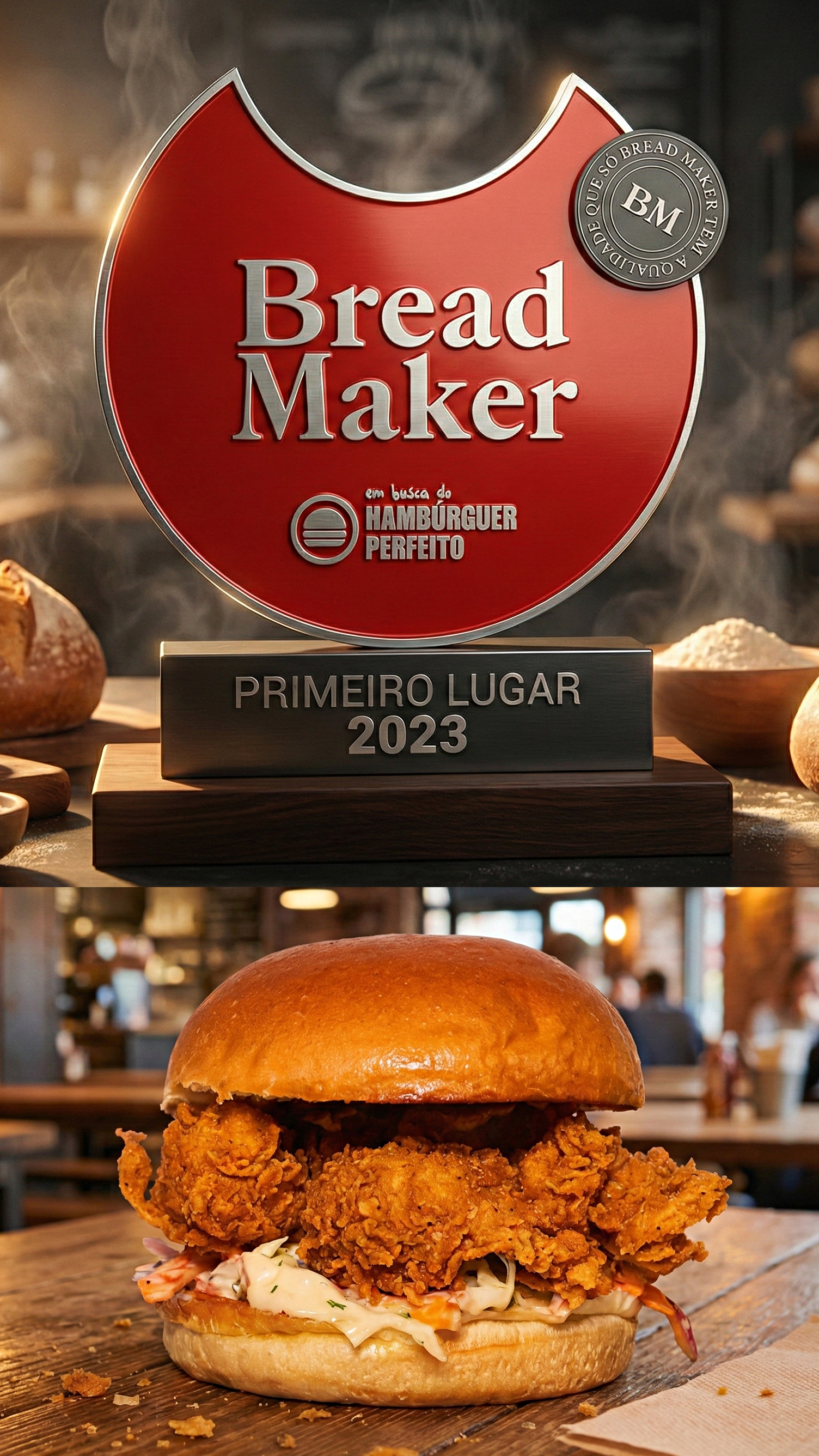 Um homem está segurando um hambúrguer na frente de uma multidão de pessoas.