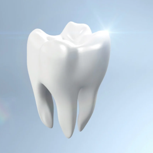 White, healthy molar tooth with a bright light effect on a light blue background.