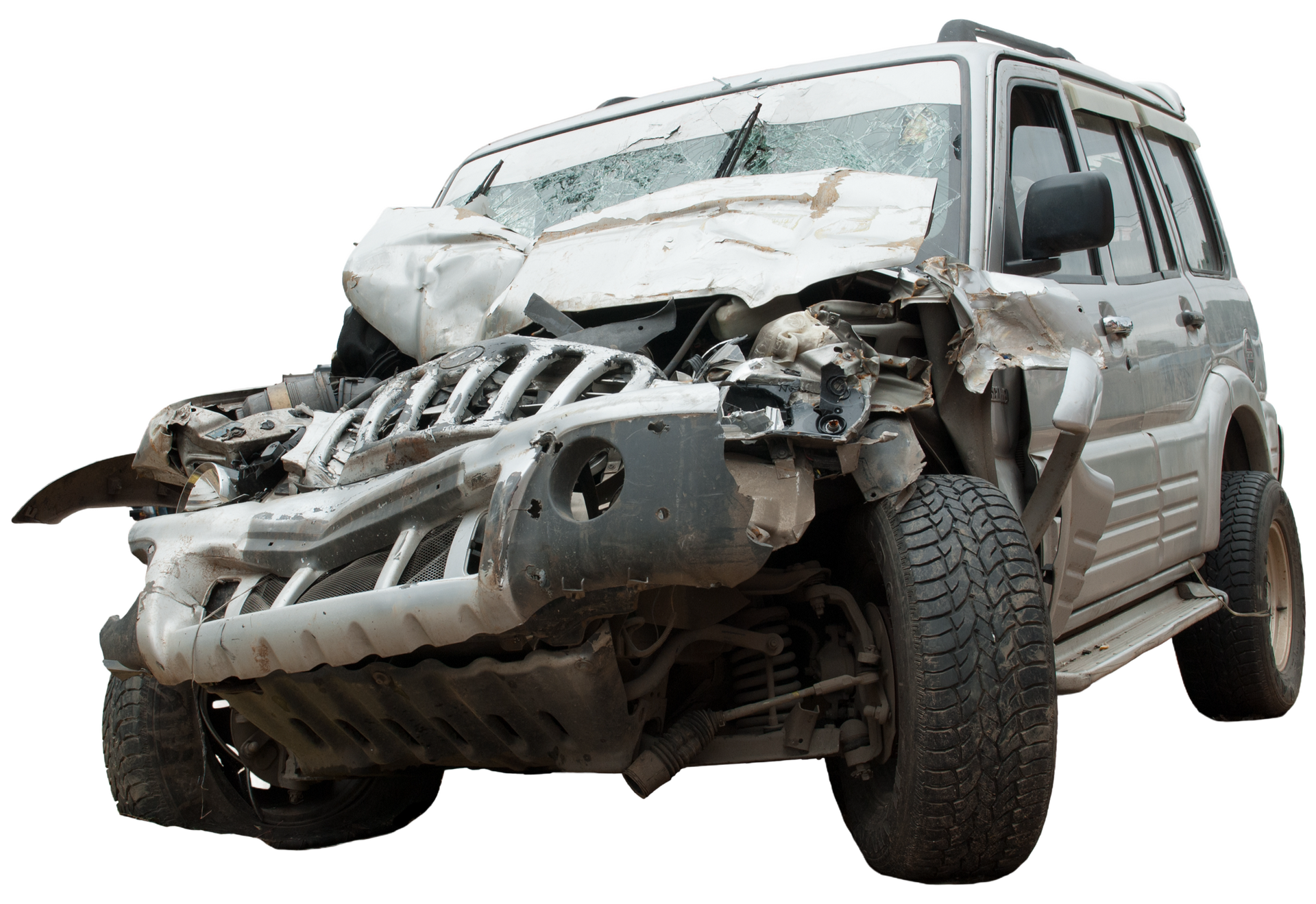 A jeep with a damaged front end is sitting on a white background.