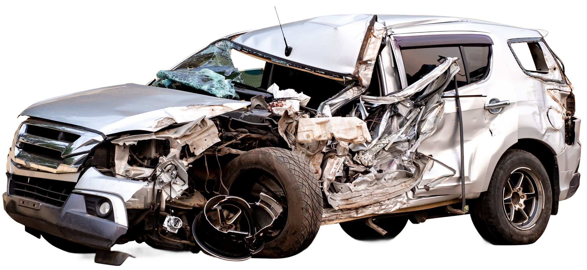 A very damaged car with a broken windshield on a white background.
