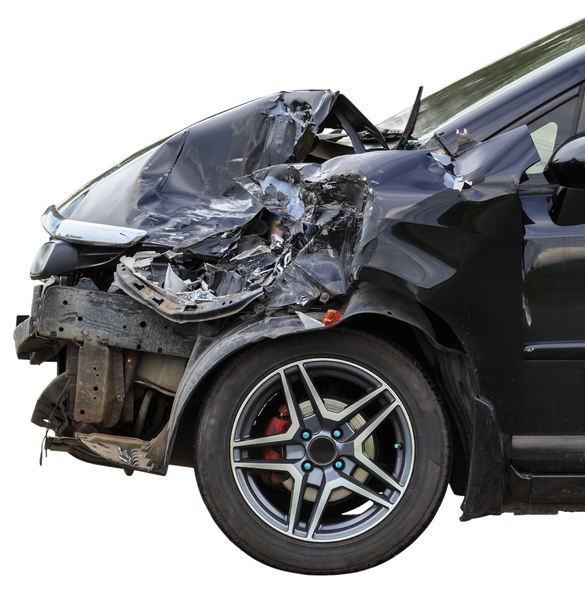 A black car with a damaged front end