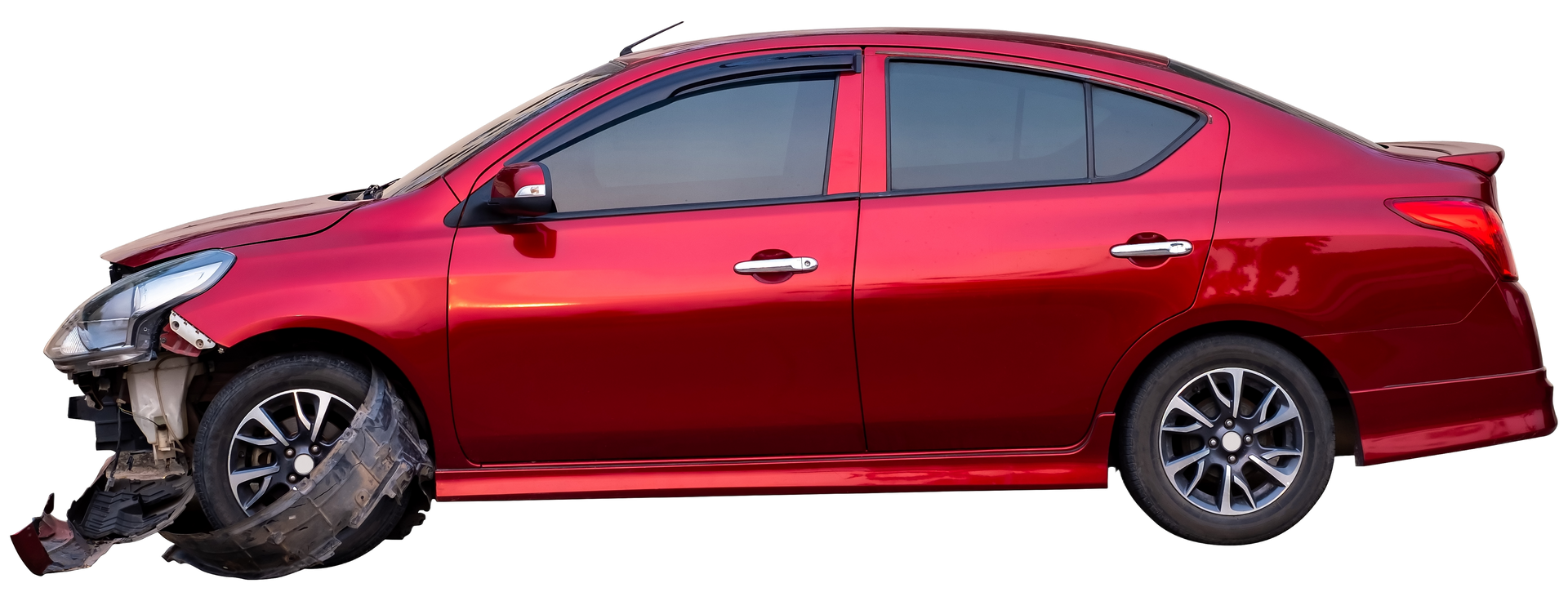 A red car with a broken tire is on a white background.