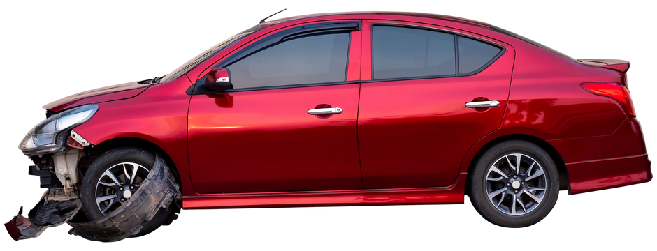 A red car with a broken tire is on a white background.