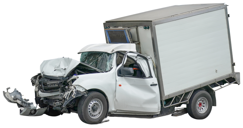 A white truck that has been damaged in a car accident.