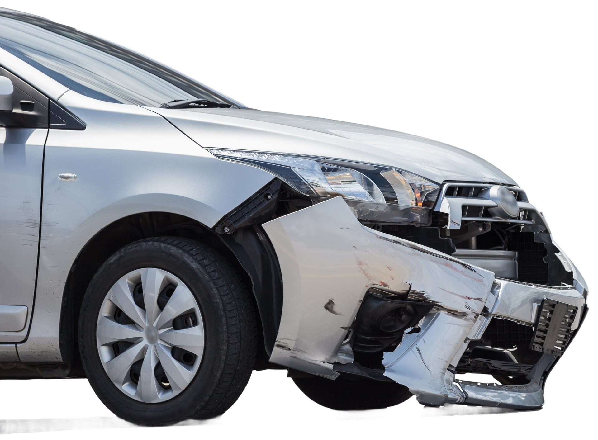 A silver car with a damaged front bumper on a white background.