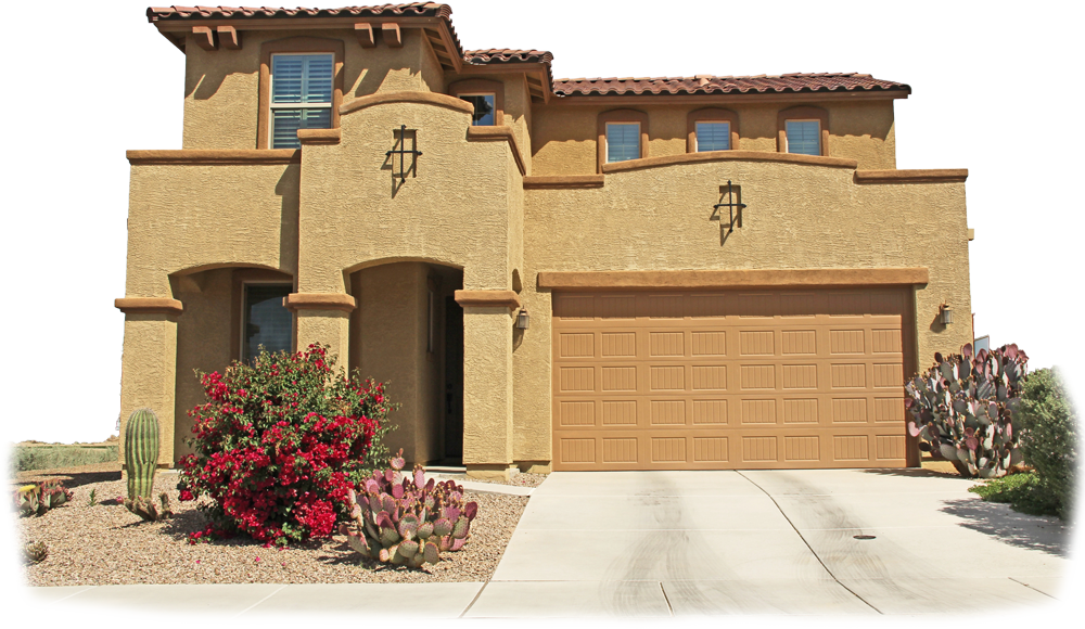 Tan stucco two-story home with a tan garage door, set in a desert landscape. Tan stucco two-story home with a tan garage door, set in a desert landscape.
