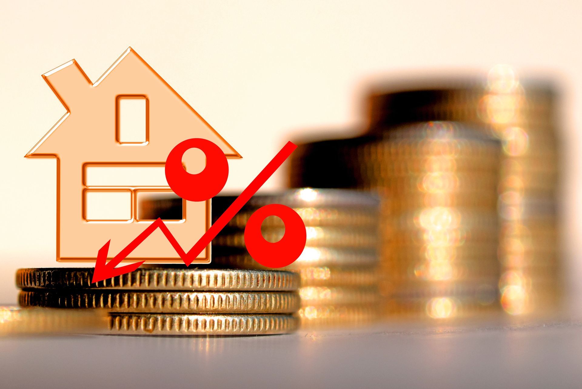 House icon with a downward red percent sign on coins, symbolizing decreasing mortgage rates.