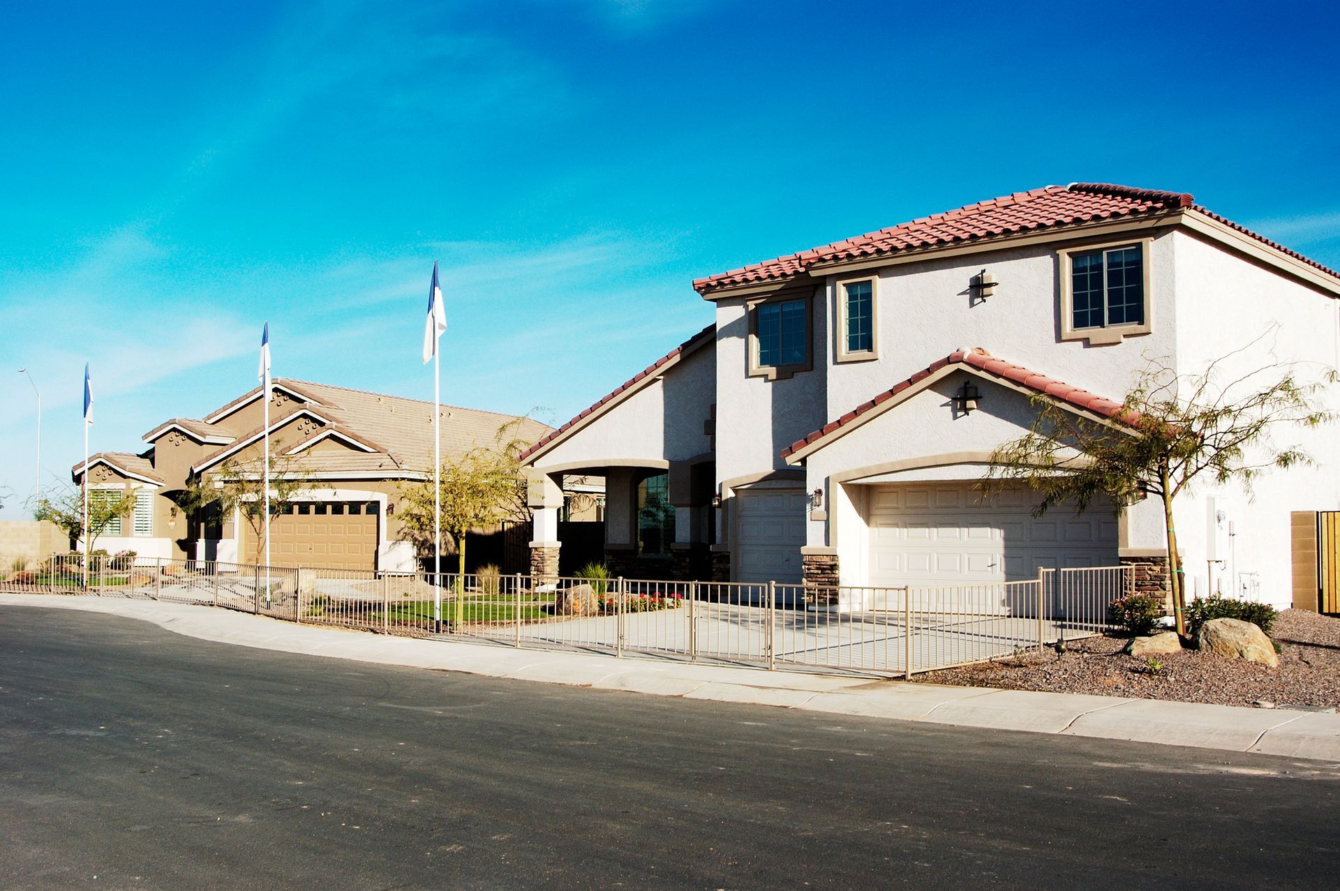 Houses on a street under a clear blue sky, with garages and small trees in front.