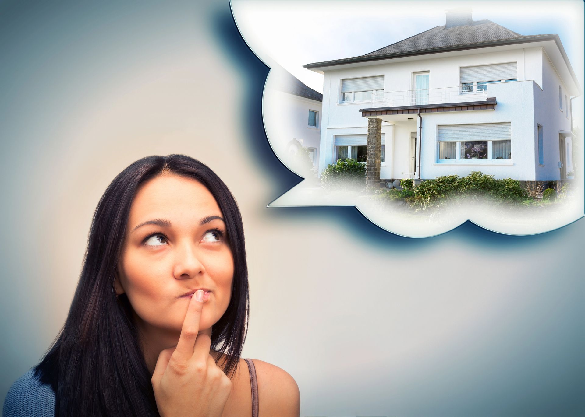 Woman looking up, thinking of a house with a thought bubble featuring a white two-story house.