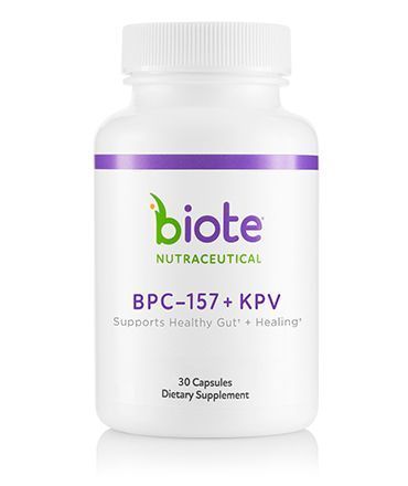 Bottle of BioTE Medical BPC-157 capsules for healing and recovery. White bottle with green and purple labels.