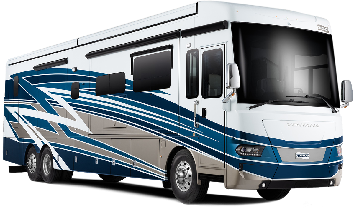 A white rv with a blue stripe on the side is on a white background.