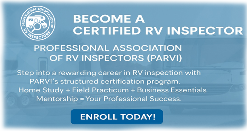 Advertisement for RV inspector certification by PARVI. Blue banner with white text and logo. Includes
