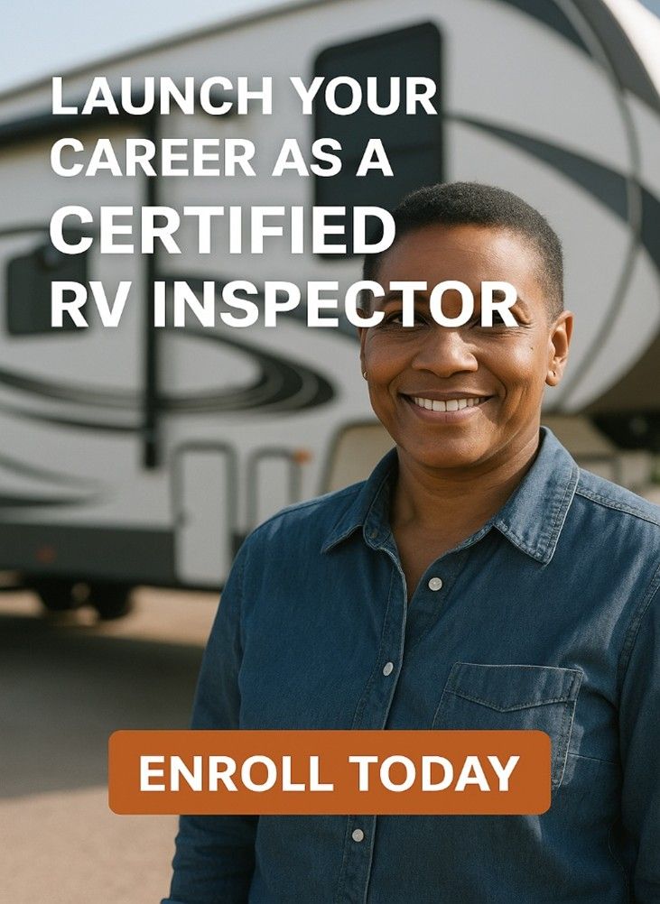 Woman smiling in front of RV; text says