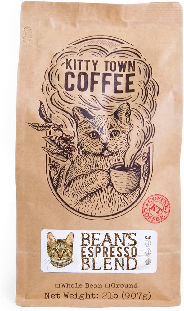 A bag of kitty town coffee beans espresso blend