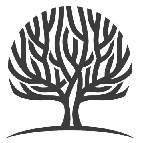 Stylized black tree with bare branches and a rounded canopy on a white background