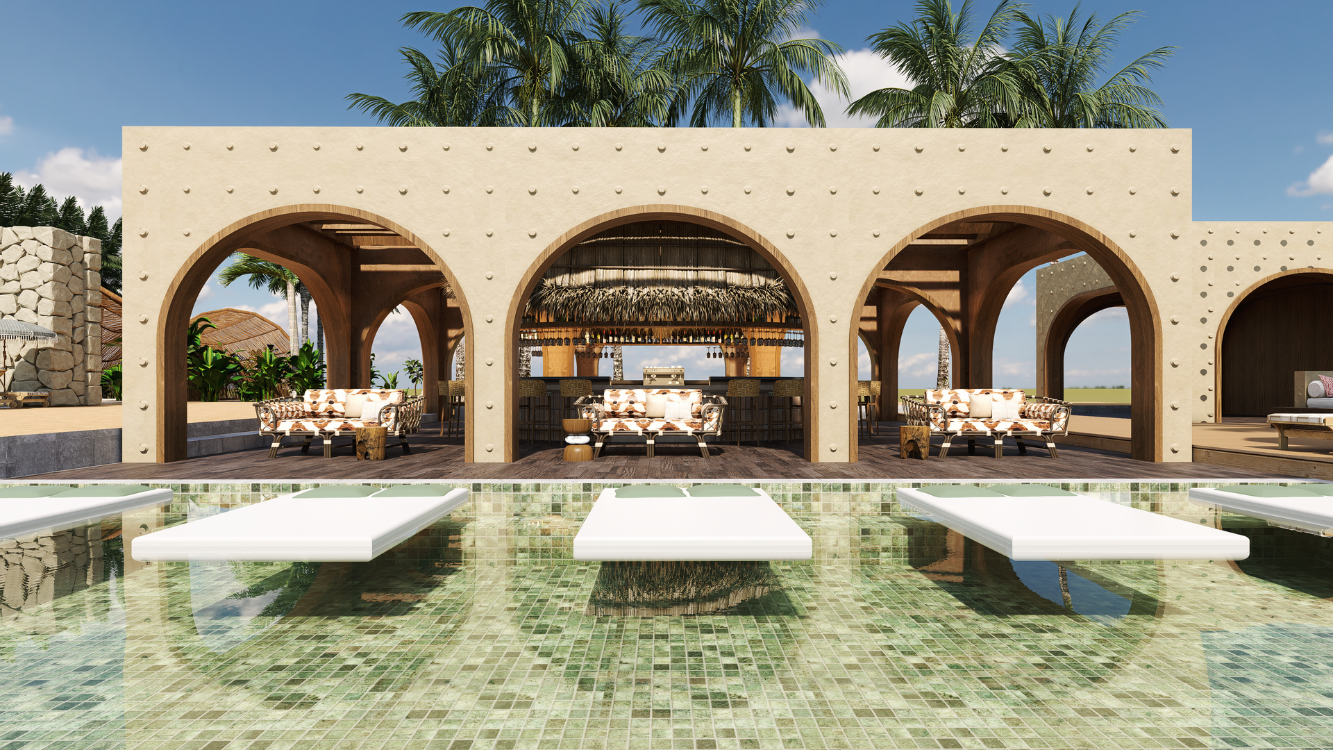 Poolside lounge with arched openings, tables, couches, and palm trees. White floating platforms in water.