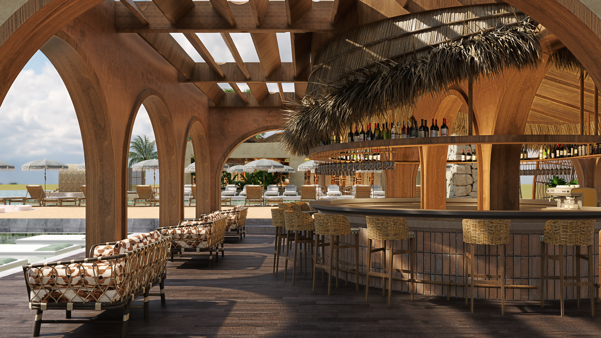 Outdoor bar with thatched roof, wooden accents, and seating overlooking a beach.