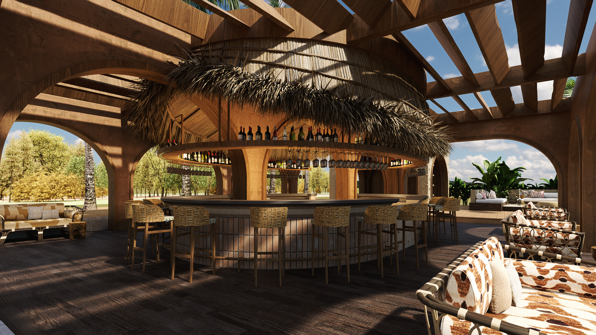 Outdoor bar with circular counter, thatched roof, and woven bar stools. Brown tones.