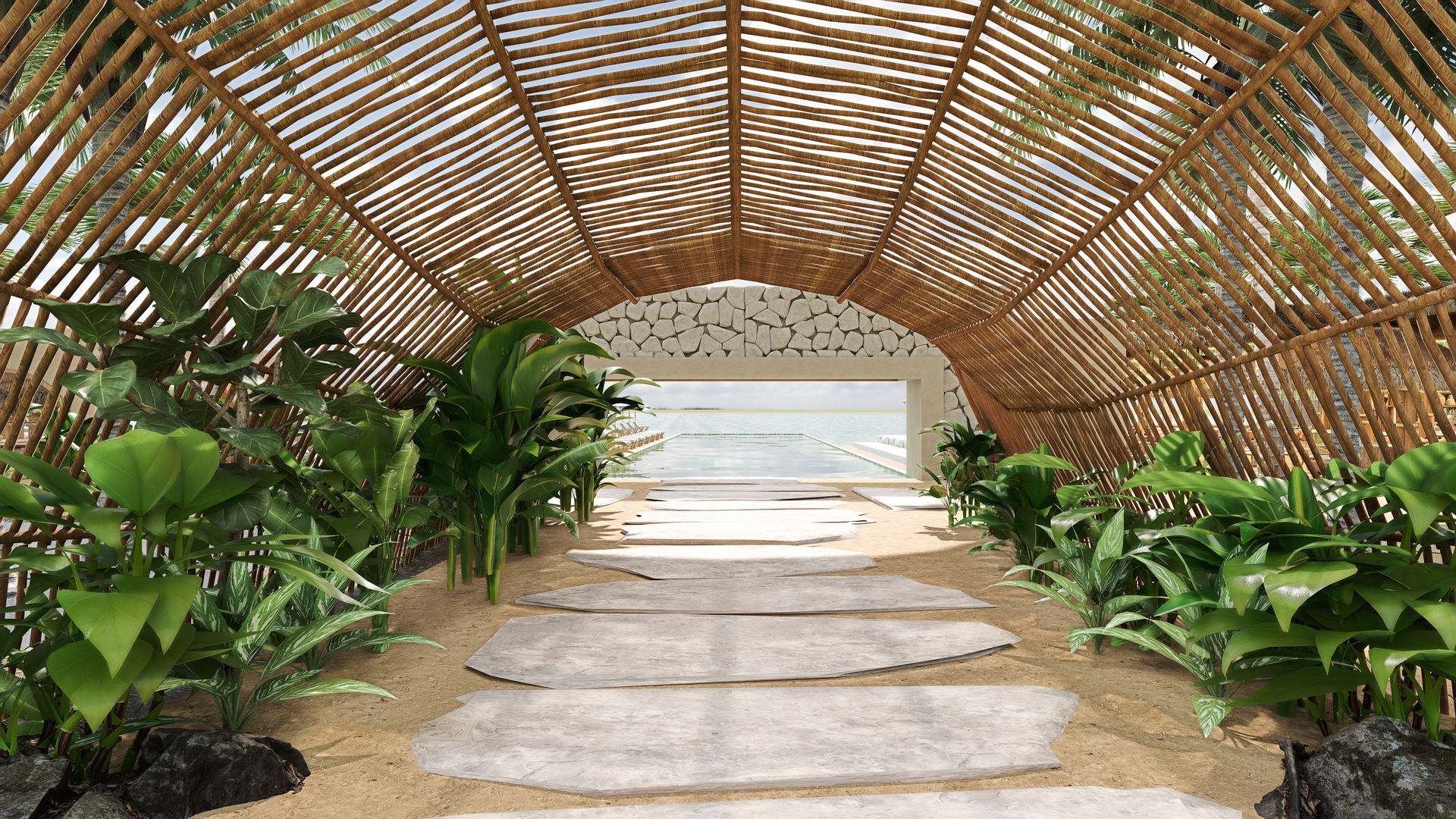 Tunnel made of bamboo and lush plants, leading to water.