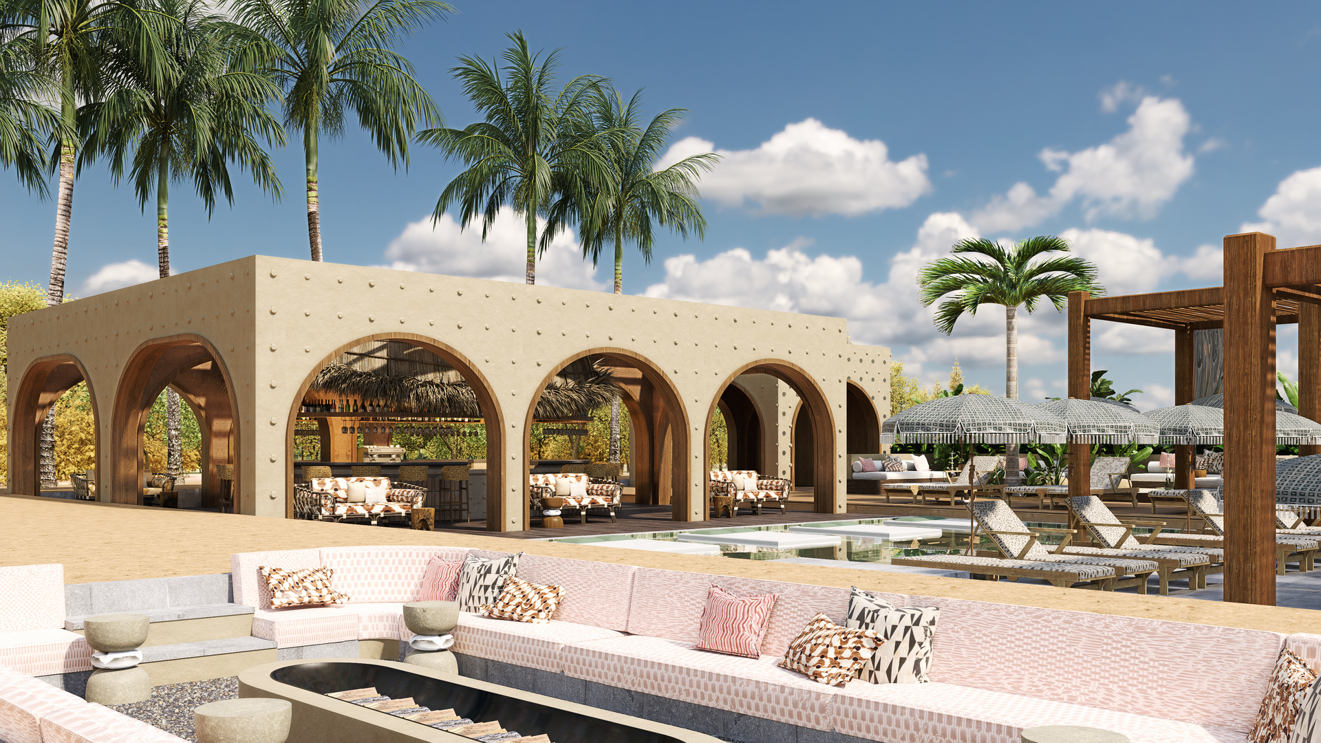 Outdoor dining area with arched structure, palm trees, and lounge seating.