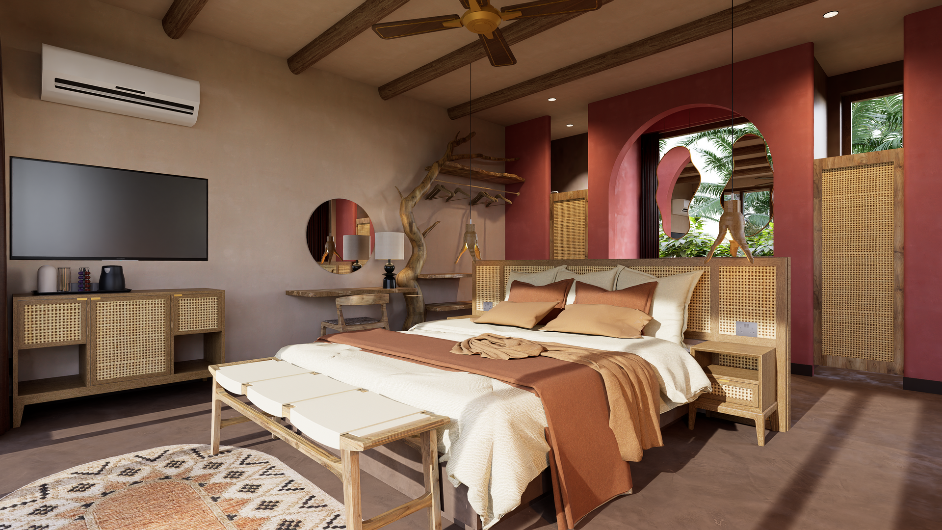 Bedroom with a woven bed frame, bench, and dresser. Pink and beige walls, arched doorway, and a ceiling fan.