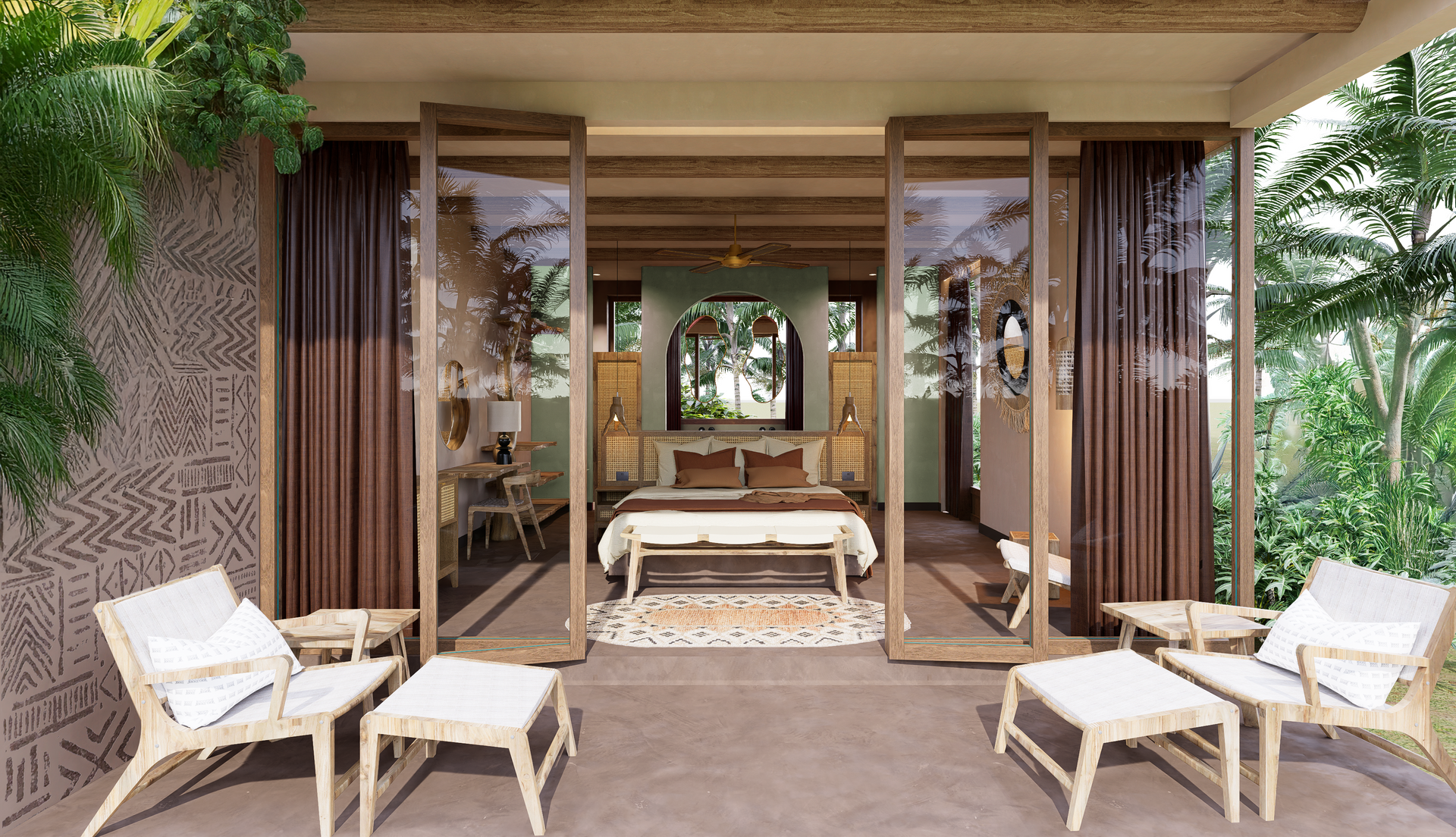 Exterior view of a bedroom with open glass doors, leading to a patio with chairs and a tropical setting.