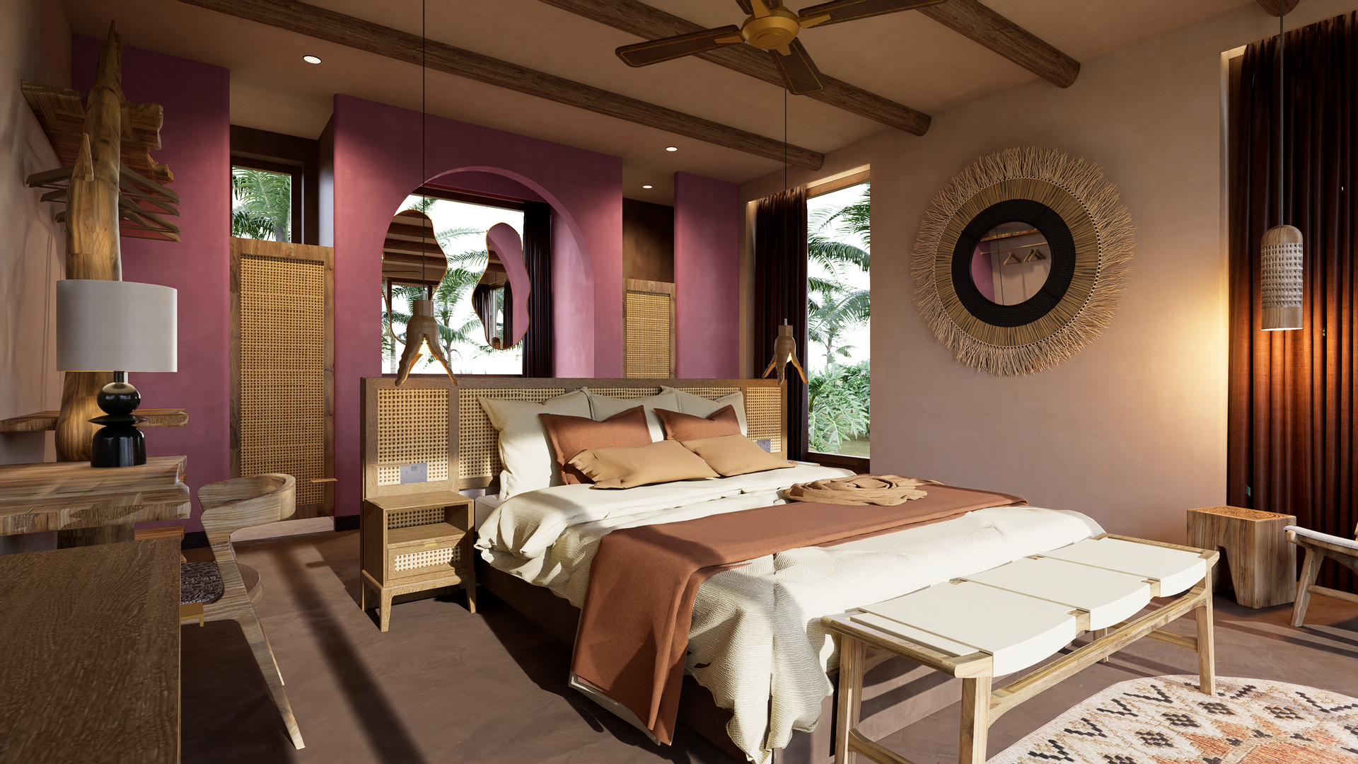 Bedroom with rattan furniture, pink walls, and a view of lush greenery.