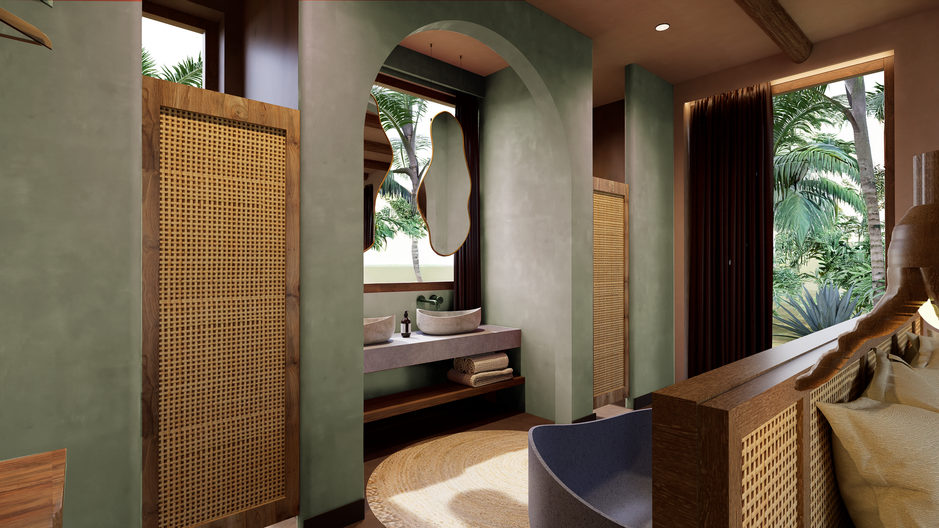 Bohemian style bathroom with woven accents, arched doorway, and outdoor views.