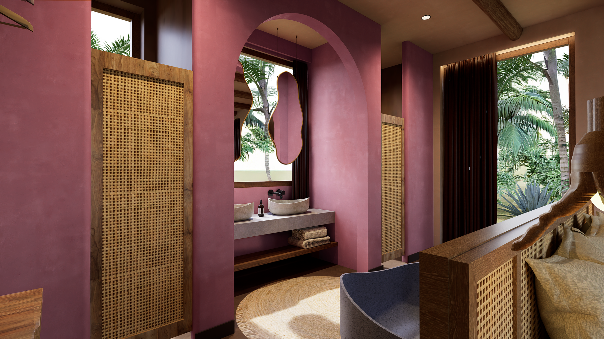 Pink-walled bathroom with woven doors, arched doorway to sink, and view of lush greenery through windows.
