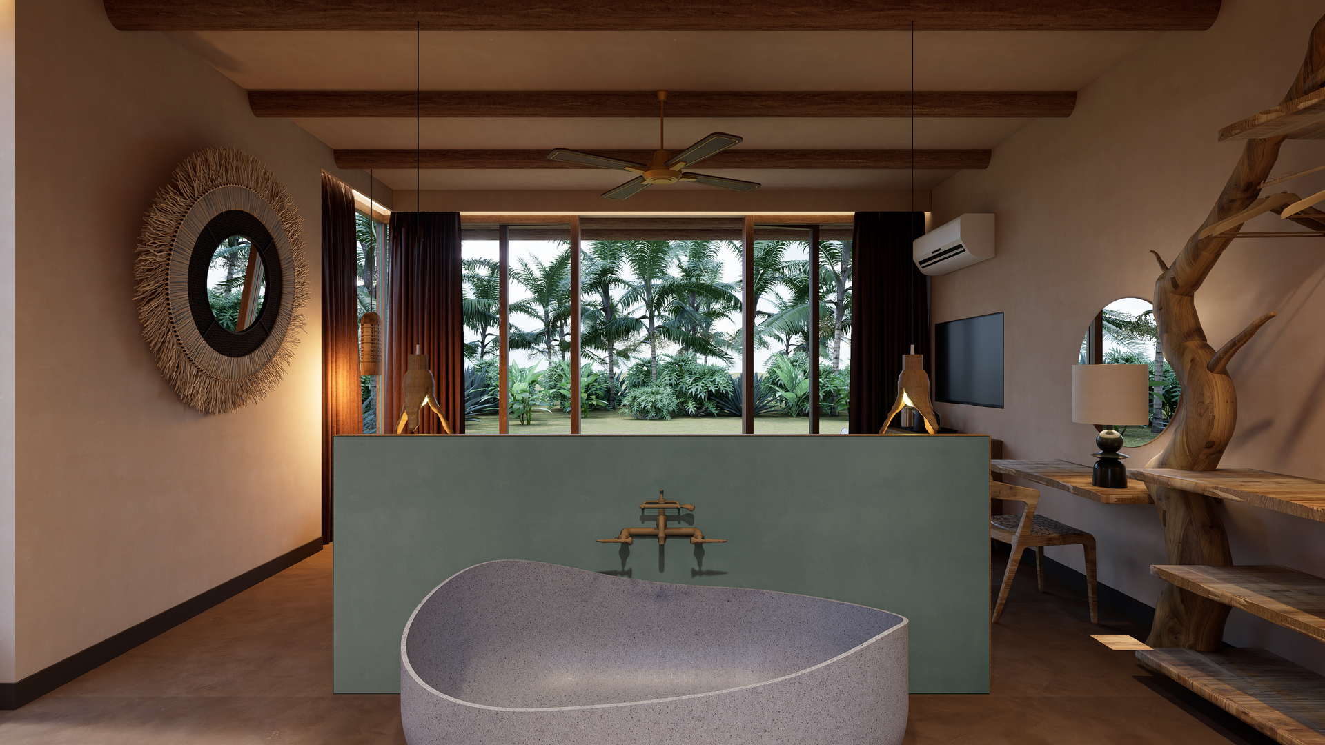 Bathroom with a stone bathtub, large windows with a lush view, and rustic wooden accents.