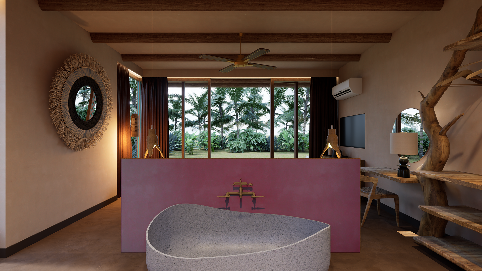Bedroom with pink accent wall, freestanding stone tub, window with tropical view, and rustic wooden furniture.