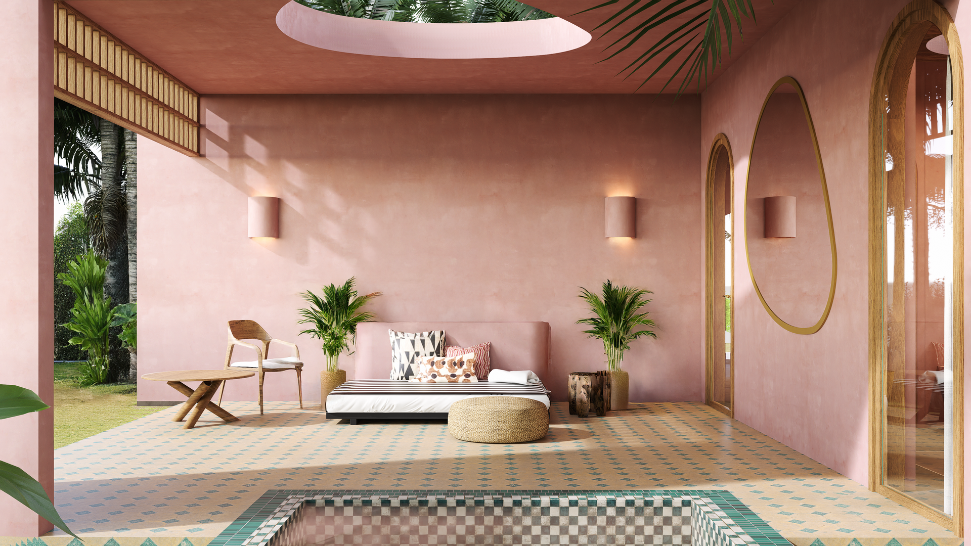 Pink-walled outdoor space with lounge area, plants, and small pool.