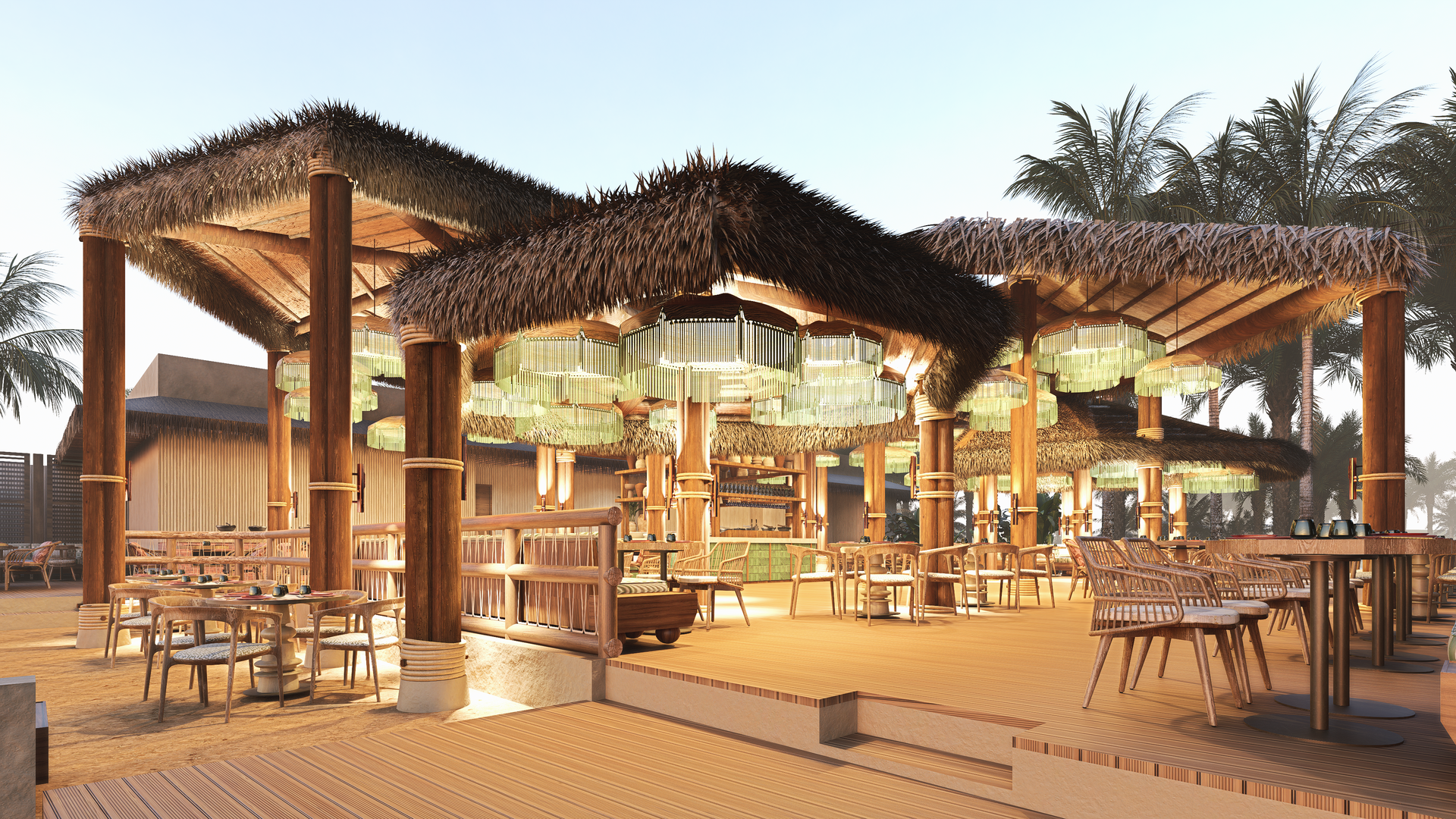 A tropical outdoor bar with wooden structures, thatched roof, and hanging lights.
