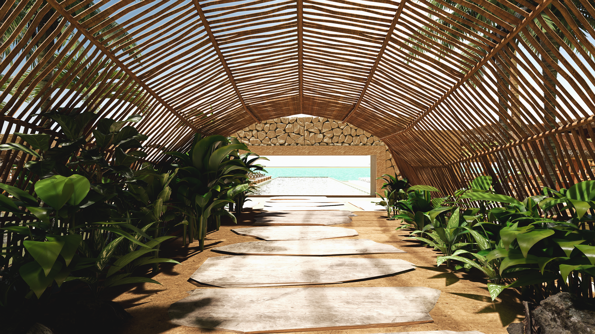 Tunnel walkway made of bamboo, leading to a beach. Lush green plants line the path.