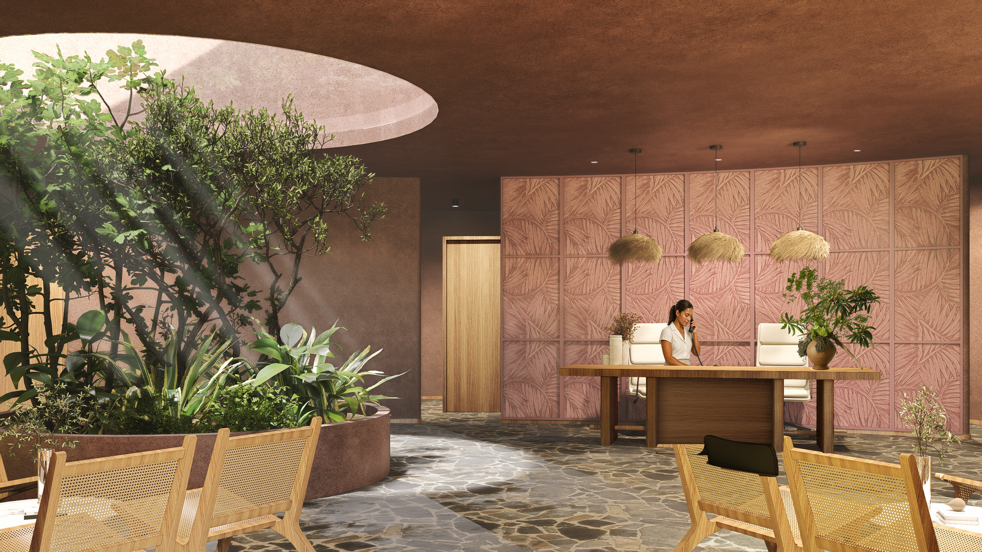 Reception area with desk, person, and plants. Earthy tones, stone floor, natural light.