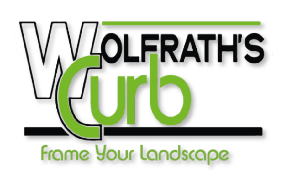 A logo for wolfrath 's curb that says frame your landscape