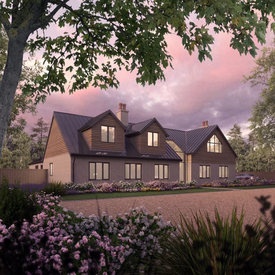 An artist 's impression of a house with a pink sky in the background